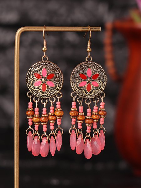 

Vintage Casual Crystal Tassel Ethnic Pattern Earrings, Red, Earrings