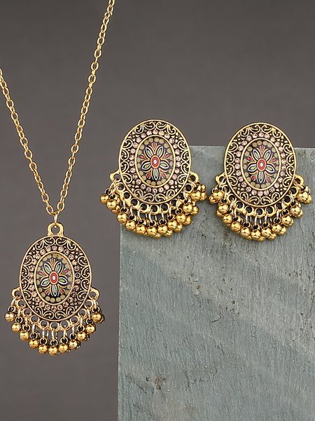

2Pcs Vintage Ethnic Wind Bells Earrings Necklace Set, Golden, Necklaces