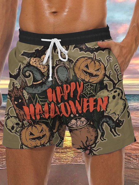

Men's Halloween Pumpkin Element Graphic Print Casual Vacation Beach Shorts, Brown, Men's shorts