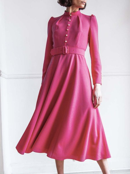 

Long sleeve Elegant Stand Collar Regular Fit Dress, Rose red, Maxi Dresses