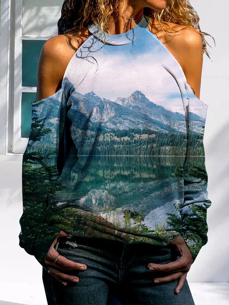 Yellowstone Print Crew Neck Off-the-shoulder Knitted Top, Multicolor, Shirts & Blouses