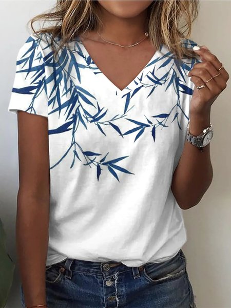 

V Neck Casual Leaf T-Shirt, Blue, Blouses & Shirts