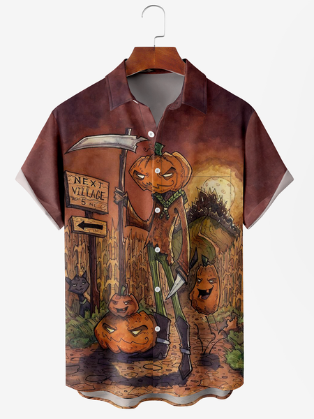 

Men's Halloween Print Anti-Wrinkle Moisture Wicking Fabric Fashion Hawaiian Lapel Short Sleeve Shirts, Light coffee, Men's Floral shirt
