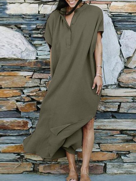 

Casual Cotton And Linen Plain Shirt Collar Short-sleeved Dress, Dark green, Midi Dresses