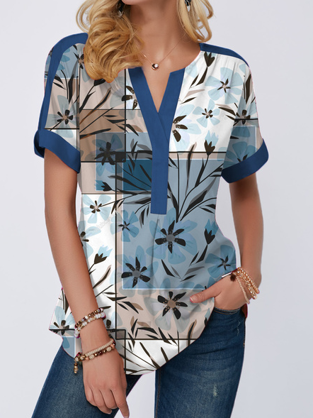 V Neck Plaid Casual Floral Tops, Blue, Shirts & Blouses