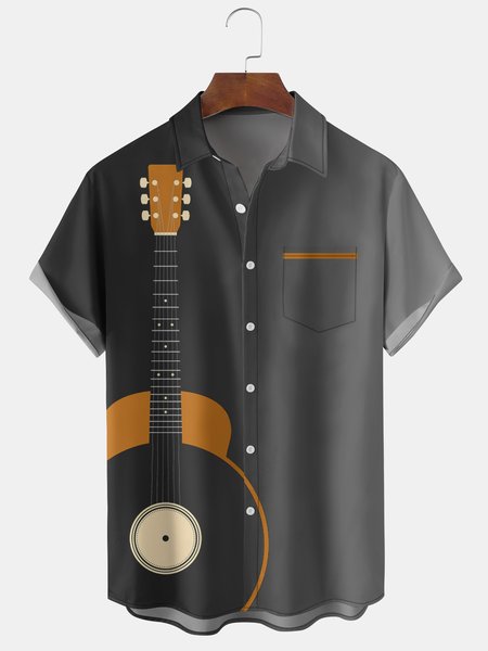 

Men's Musical Guitar Element Graphic Print Short Sleeve Shirt, Black, Men's Floral shirt