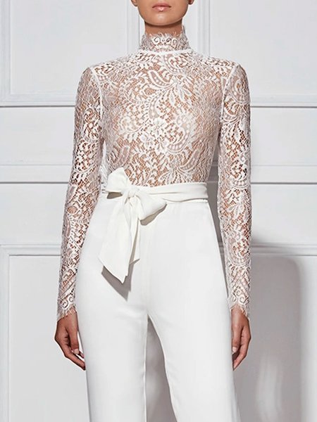 

Half Turtleneck Elegant Plain Top, White, Tees