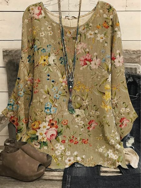 

Casual Floral Crew Neck Tops, Khaki, Shirts & Blouses