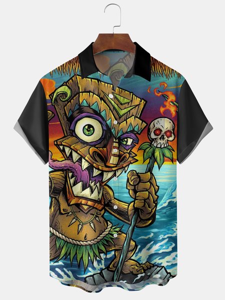 

Mens Hawaii Tiki Print Front Buttons Soft Breathable Chest Pocket Casual Hawaiian Shirt, Black, Men's Floral shirt