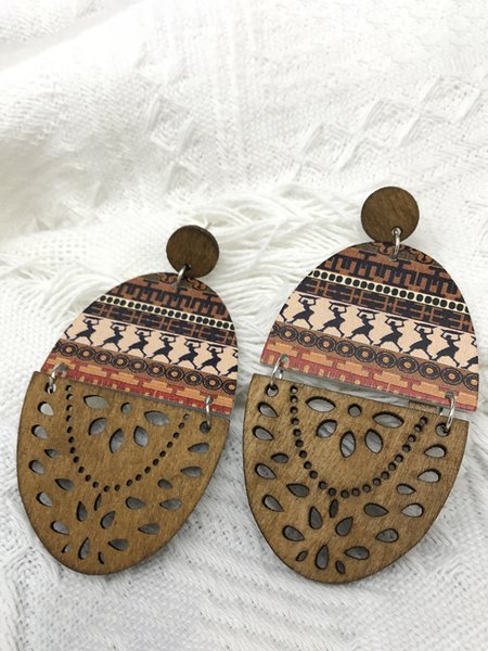 

Vintage Holiday Wood Ethnic Pattern Earrings, Brown, Earrings