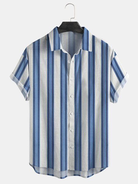 

Cotton Linen Striped Casual Short Sleeve Shirt, White-blue, Men's Floral shirt