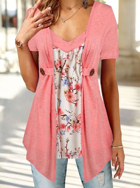 

Summer Floral Design Knitted Short-sleeve Top, Pink, Shirts & Blouses