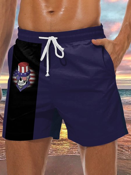 

Men's American Flag Element Print Casual Vacation Beach Shorts, Blue, Men's shorts