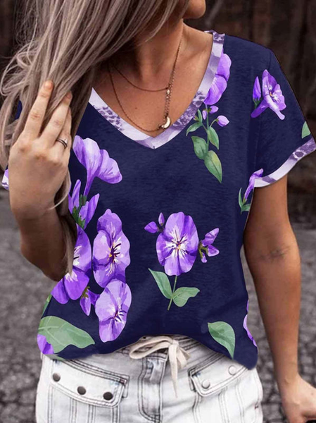 

V-neck Casual Loose Vintage Print Short Sleeve T-shirt, Multicolor, T-Shirts