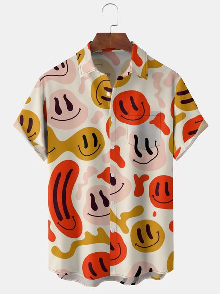 

Mens Funky Smile Print Front Buttons Soft Breathable Chest Pocket Casual Hawaiian Shirts, Khaki, Men's Floral shirt