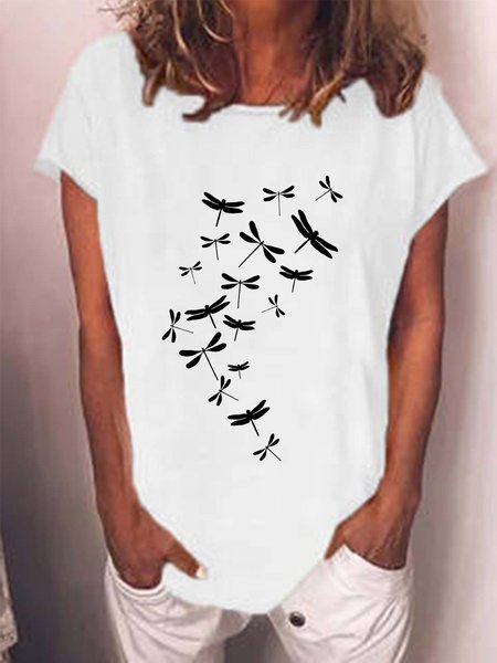 

Women Fly Dragonfly Printing Crew Neck Loose T-Shirt, White, T-shirts