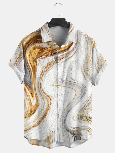 

Cotton and linen style geometric abstract print lapel comfort linen shirt, As picture, Men's Floral shirt