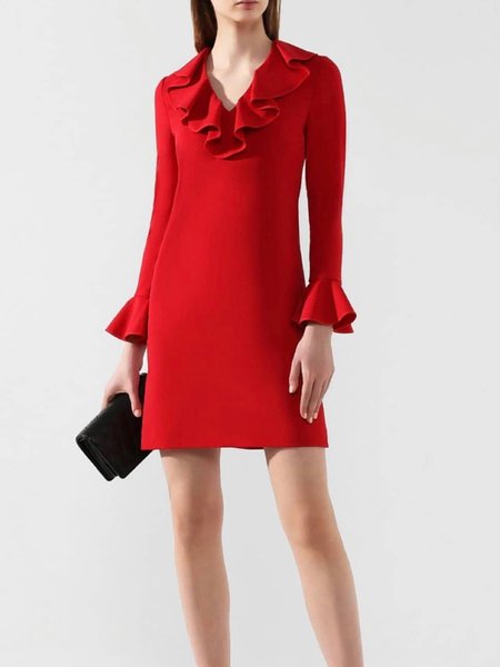 

Lotus Leaf Collar Plain Loosen Mini Dress, Red, Mini Dresses