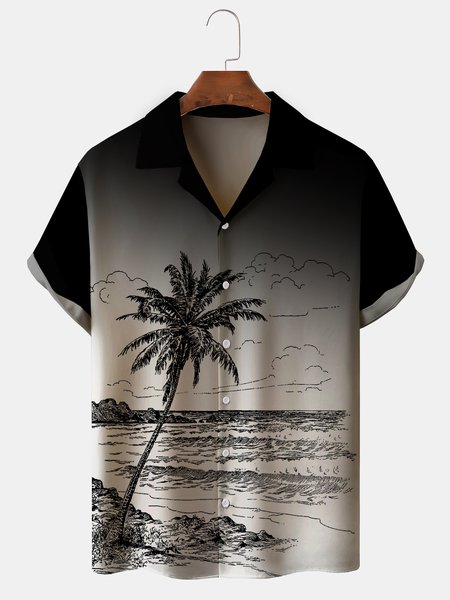 

Men's Coconut Tree Print Anti-Wrinkle Moisture Wicking Fabric Fashion Hawaiian Lapel Short Sleeve Shirts, Black, Men's Floral shirt
