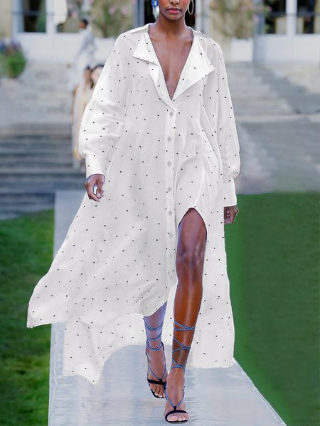 

Shawl Collar Polka Dots Loose Long Dress, White, Maxi Dresses