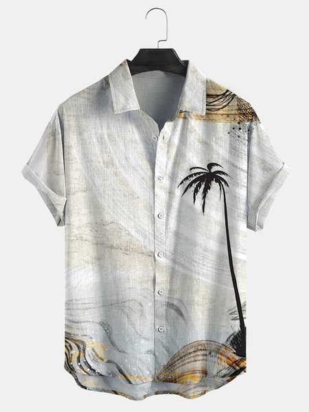 

Cotton Linen Plant Floral Coconut Tree Print Lapel Cozy Linen Shirt, As picture, Men's Floral shirt