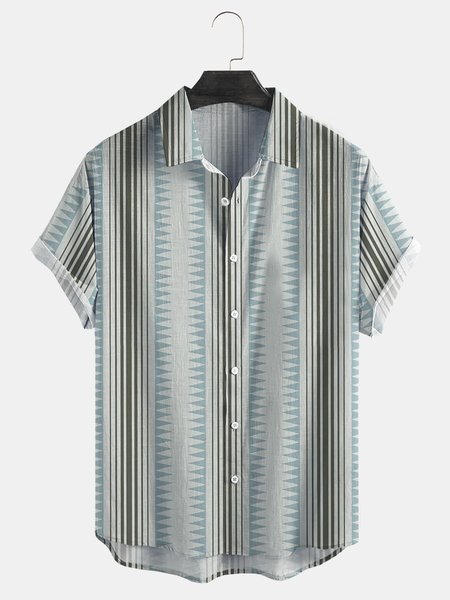 Cotton Linen Striped Casual Short Sleeve Shirt, As picture, Men's Floral shirt