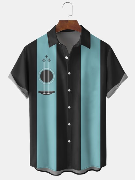 

Men's Musical Guitar Element Graphic Print Short Sleeve Shirt, Black, Men's Floral shirt