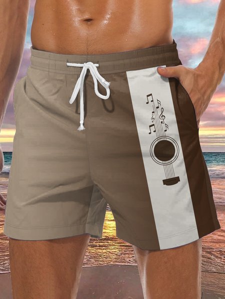 

Men's Guitar Graphic Print Casual Resort Beach Shorts, Khaki, Men's shorts