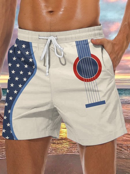 

Men's American Flag Guitar Elements Casual Vacation Beach Pants, Khaki, Men's shorts