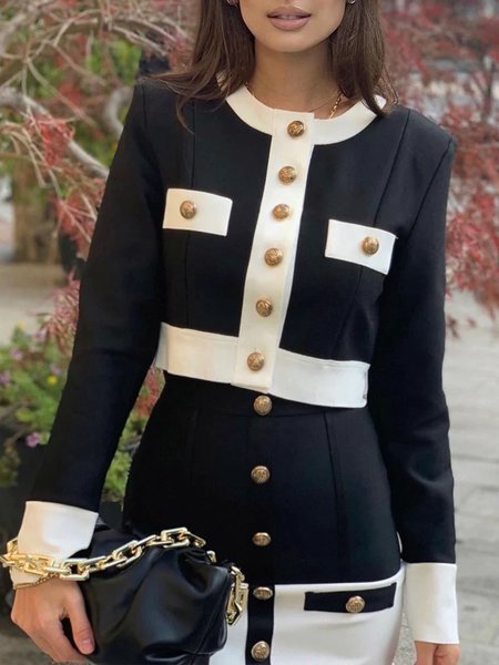 

Elegant Crew Neck Color Block Long Sleeve Jacket, Black-white, Others