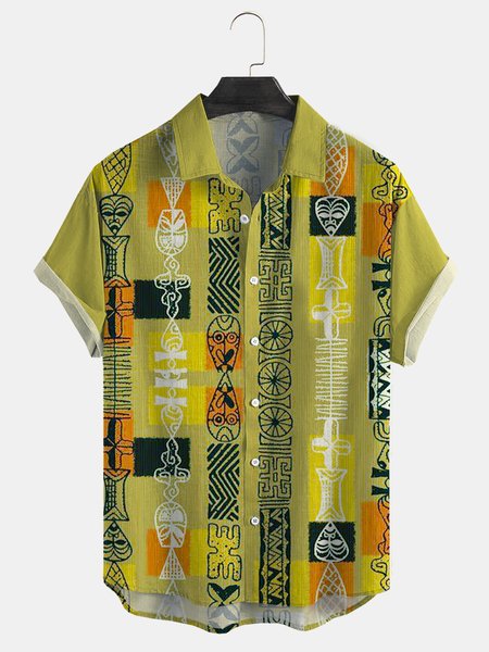 

Cotton And Linen Ethnic Style Casual Short-sleeved Shirt, As picture, Men's Floral shirt