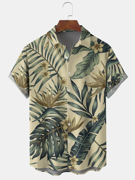 

Mens Tropical Plant Graphic Print Short Sleeve Shirt, Khaki, Men's Floral shirt