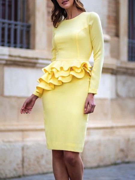 

Daily Long sleeve Plain Elegant Crew Neck Dress, Yellow, Midi Dresses