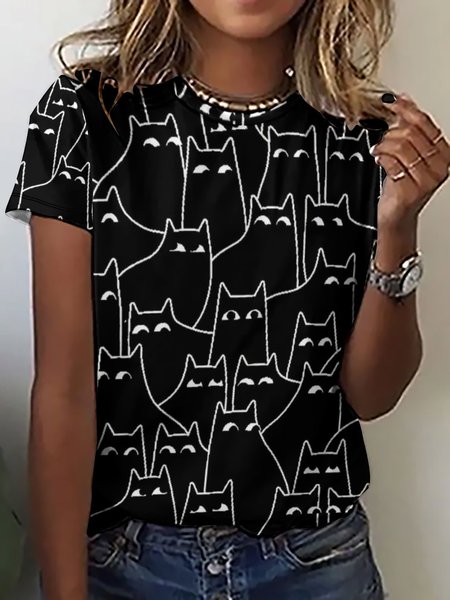 

Women Funny Suspicious Cats Print Simple T-Shirt, Black, T-shirts