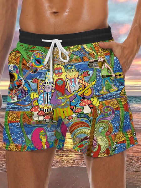 

Men's Music Element Graphic Print Casual Vacation Beach Shorts, Green, Men's shorts