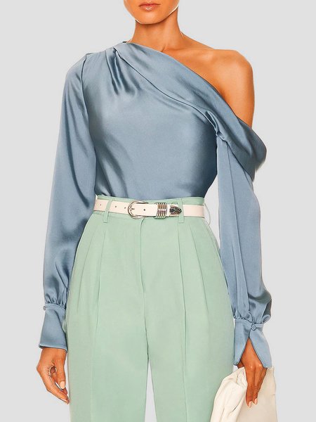 

Elegant Cold Shoulder Plain Long Sleeve Top, Blue, Tops