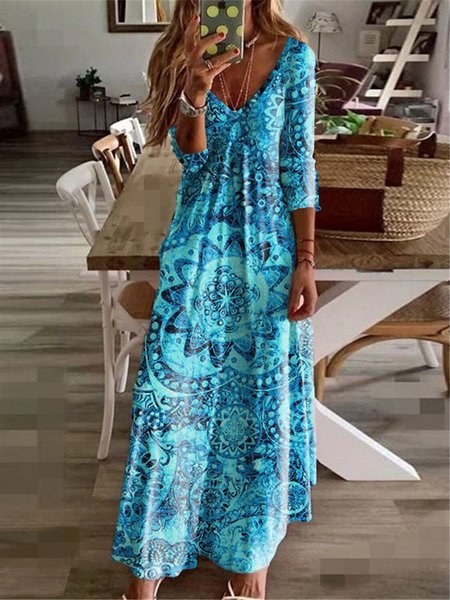 V Neck Ethnic Vacation Dress, Blue, Dresses