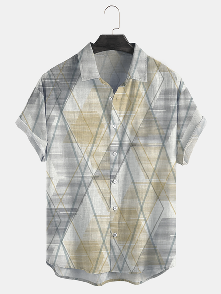 

Cotton Linen Style Geometric Striped Print Lapel Cozy Linen Shirt, As picture, Men's Floral shirt