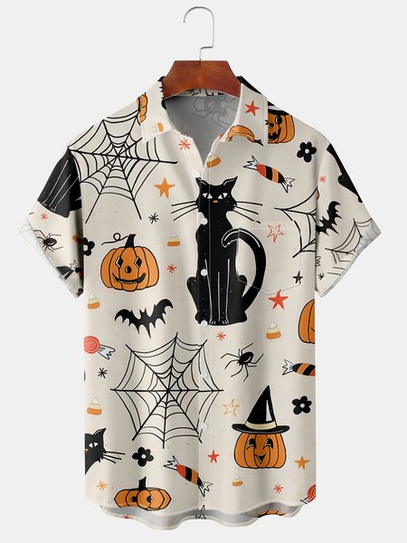 

Mens Halloween Print Front Buttons Soft Breathable Chest Pocket Casual Hawaiian Shirts, Khaki, Men's Floral shirt
