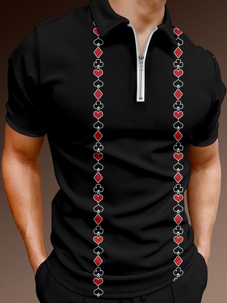 

Resort-Style Hawaiian Series Paramount Playing Cards Geometric Color Block Element Pattern Lapel Short-Sleeved Polo Print Top, Black, Polos