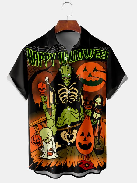 

Men's Halloween Print Casual Short Sleeve Shirt with Chest Pocket, Black, Short Sleeve Shirts