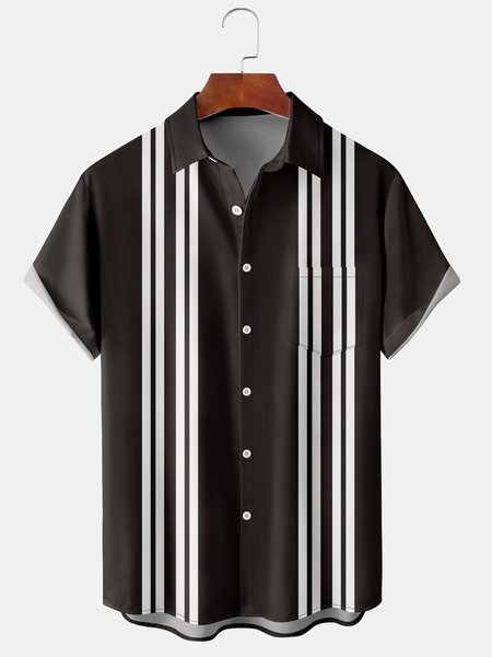 

Mens Striped Print Front Buttons Soft Breathable Chest Pocket Casual Bowling Shirts, Black, Men's Floral shirt