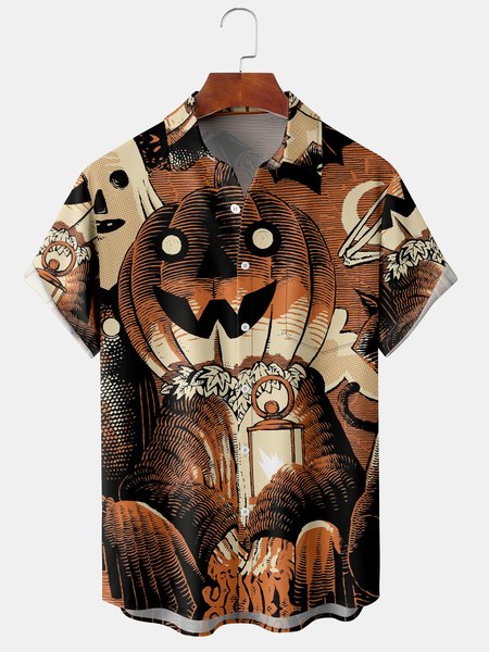 

Men's Halloween Pumpkin Print Short Sleeve Hawaiian Shirt with Breast Pocket, Orange, Men's Floral shirt