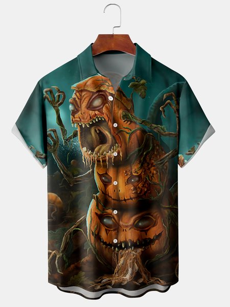 

Men's Halloween Print Casual Short Sleeve Shirt with Chest Pocket, Blue, Short Sleeve Shirts