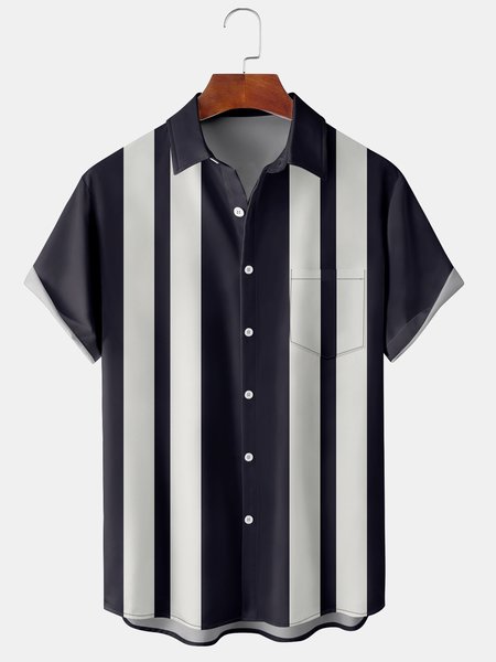 

Mens Striped Print Front Buttons Soft Breathable Chest Pocket Casual Bowling Shirts, Black, Men's Floral shirt
