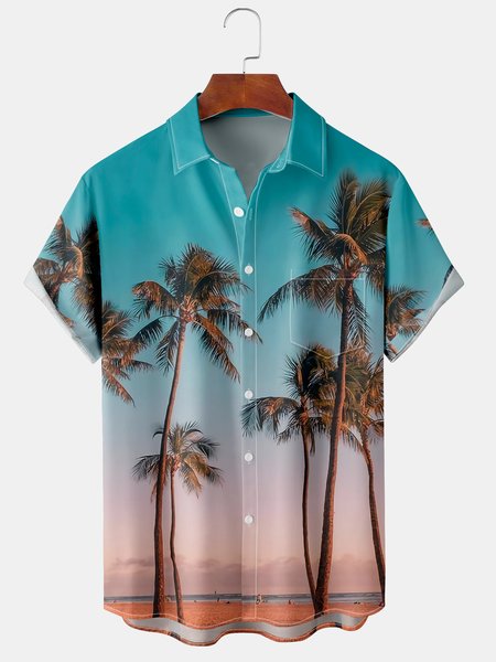 

Mens Coconut Tree Print Front Buttons Soft Breathable Chest Pocket Casual Hawaiian Shirts, Blue, Men's Floral shirt