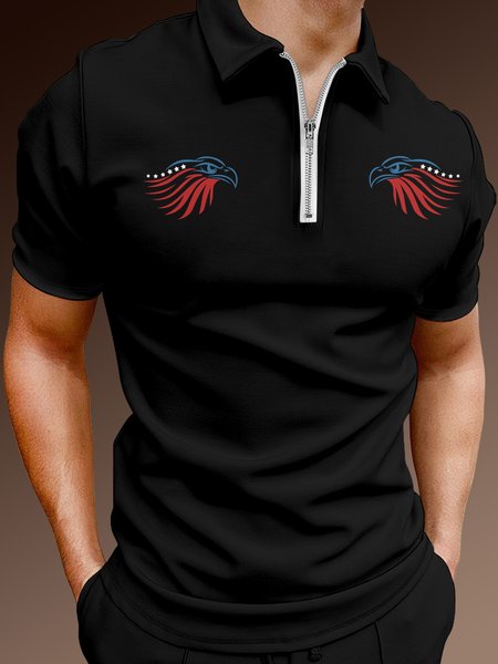 

Casual Culture Collection American Eagle Element Pattern Lapel Short Sleeve Polo Print Top, Black, Polos