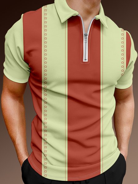 

Casual Art Collection Mid-Century Geometric Stripe Color Block Pattern Lapel Short Sleeve Polo Print Top, Red, Polos