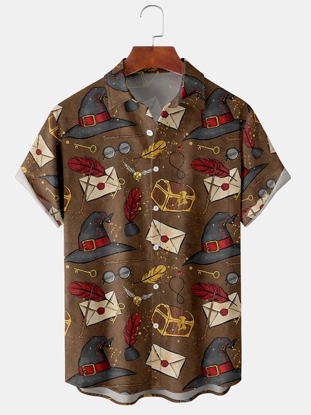 

Mens Magic Print Front Buttons Soft Breathable Chest Pocket Casual Hawaiian Shirts, Brown, Men's Floral shirt