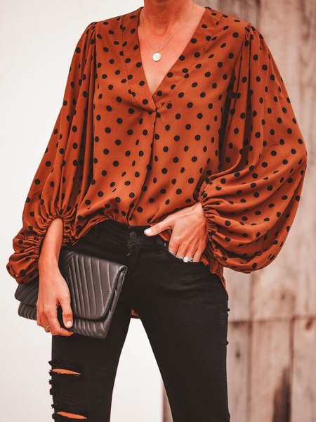 

Urban Loose V Neck Polka Dots Top, Rust, Blouses and Shirts